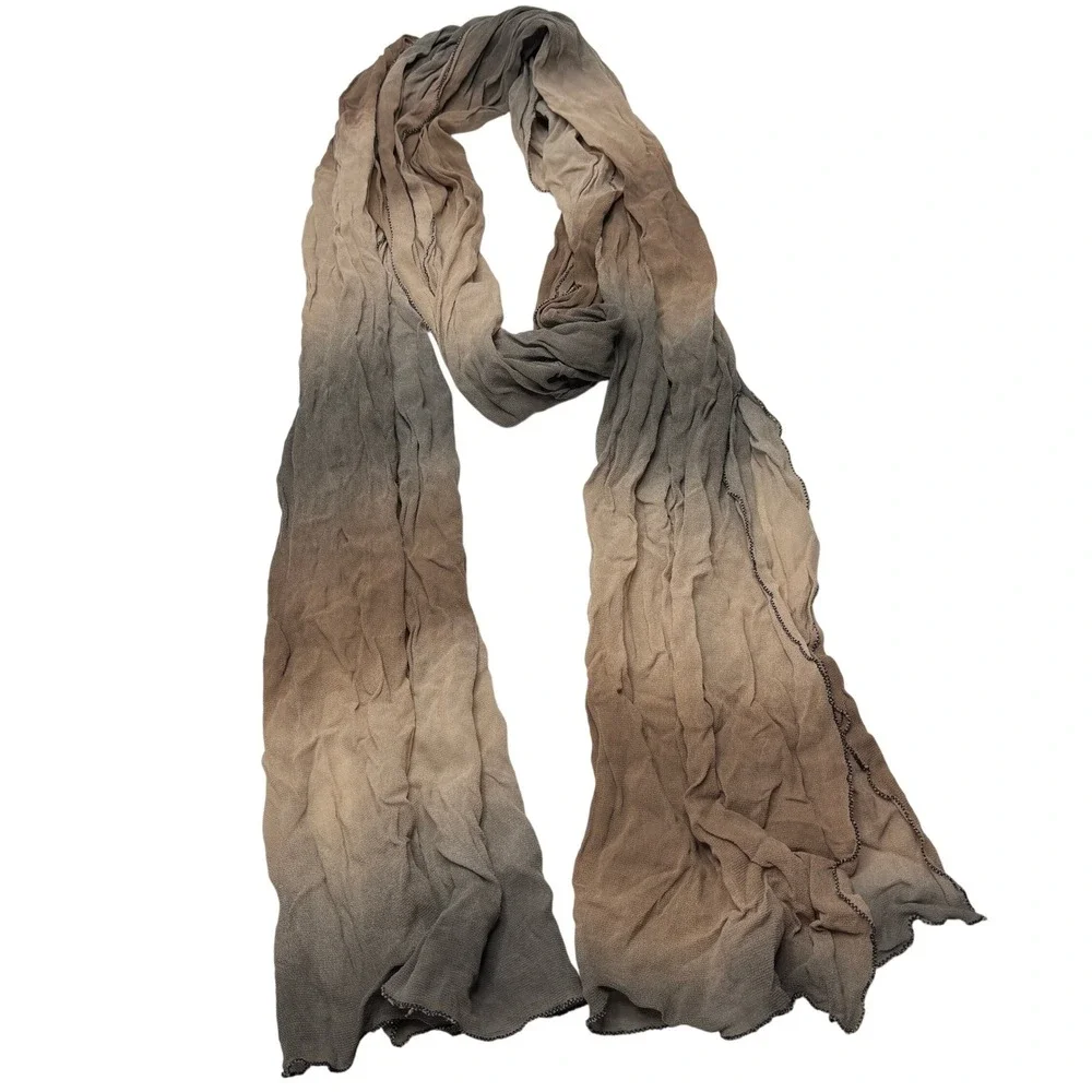 VTG Ombre Chiffon Rectangle Scarf Crinkle Neutral Tones Beige Brown Gray‎ Boho